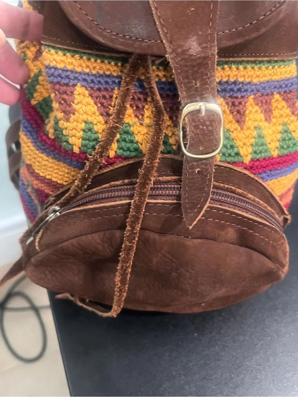 Handcrafted Multicolor Knit & Brown Suede and Leather Women's Small Backpack